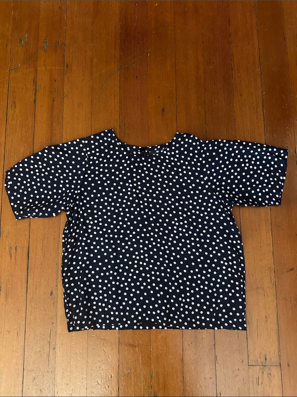 Navy White Polka Dot Dotted Design Short Sleeve Round Neck Blouse High Neck